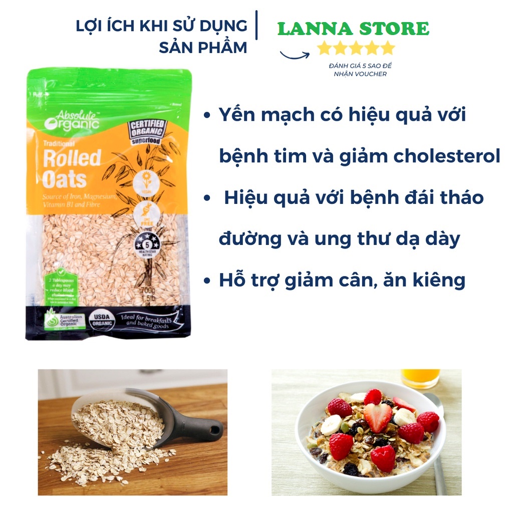 Yến Mạch Tươi Úc Absolute Organic Túi 700gr Đặc Biệt - Dùng Giảm Cân/ Cho bé ăn dặm/ làm đẹp da