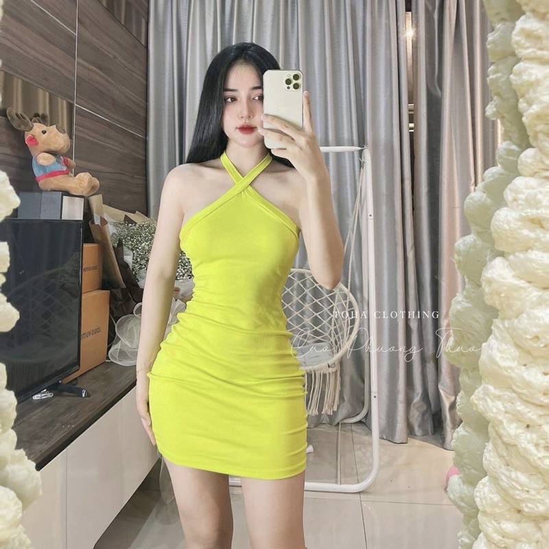 Váy body cổ yếm hở vai dây cổ chất bozip cotton dãn 4 chiều Đầm ôm bó dáng ngắn