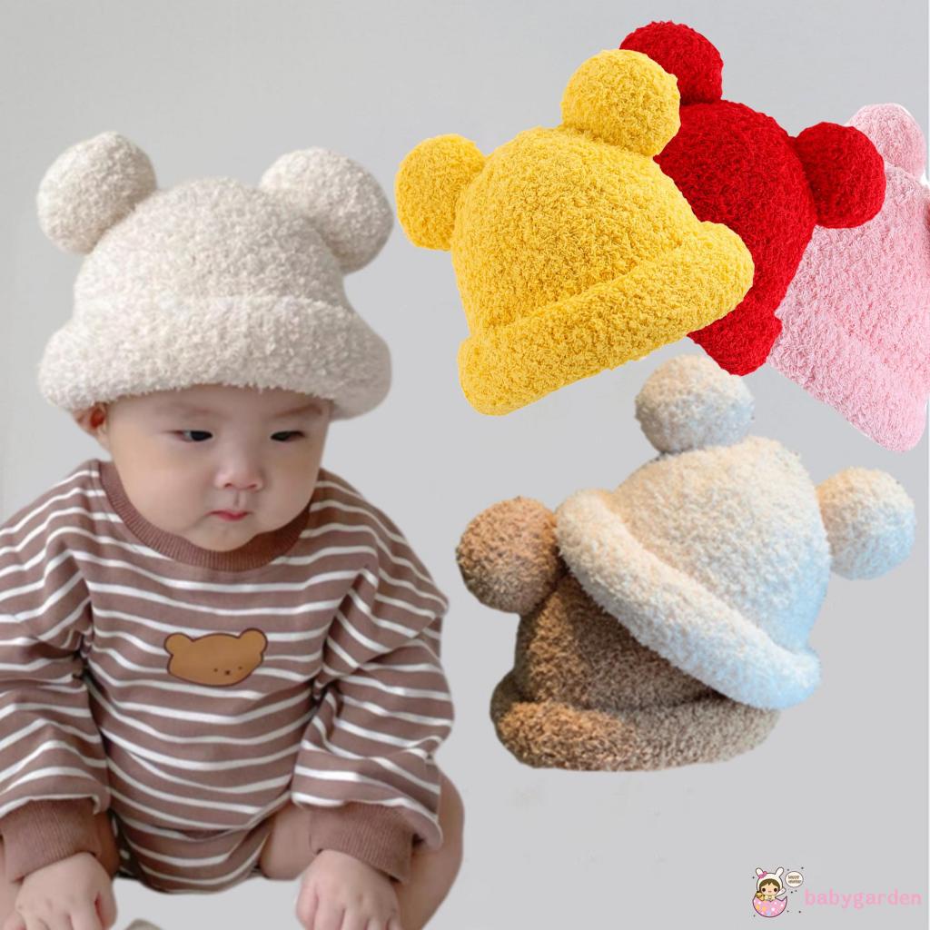 Mũ trùm đầu len lông cừu màu trơn đính hai quả bóng lông xinh xắn thời trang dành cho trẻ em