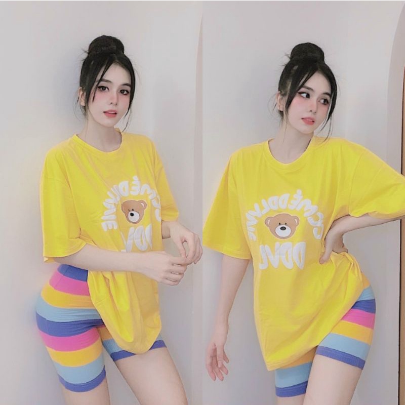 Set thun gấu + quần tăm sọc sắc màu form ngố