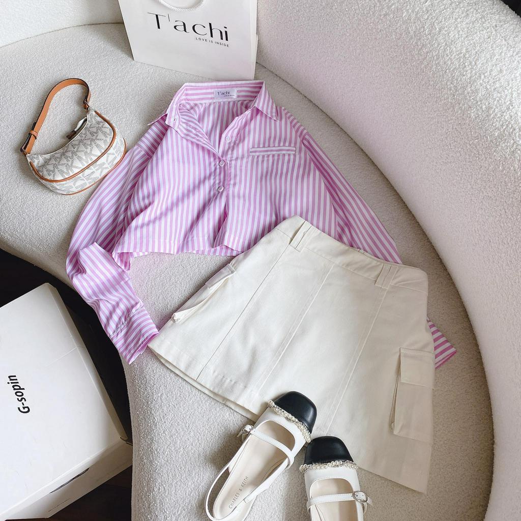 SET ÁO CROPTOP SƠ MI KẺ HỒNG + CHÂN VÁY TÚI HỘP