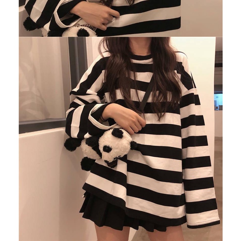 Áo thun tay dài cổ tròn họa tiết kẻ sọc thời trang Hàn Quốc