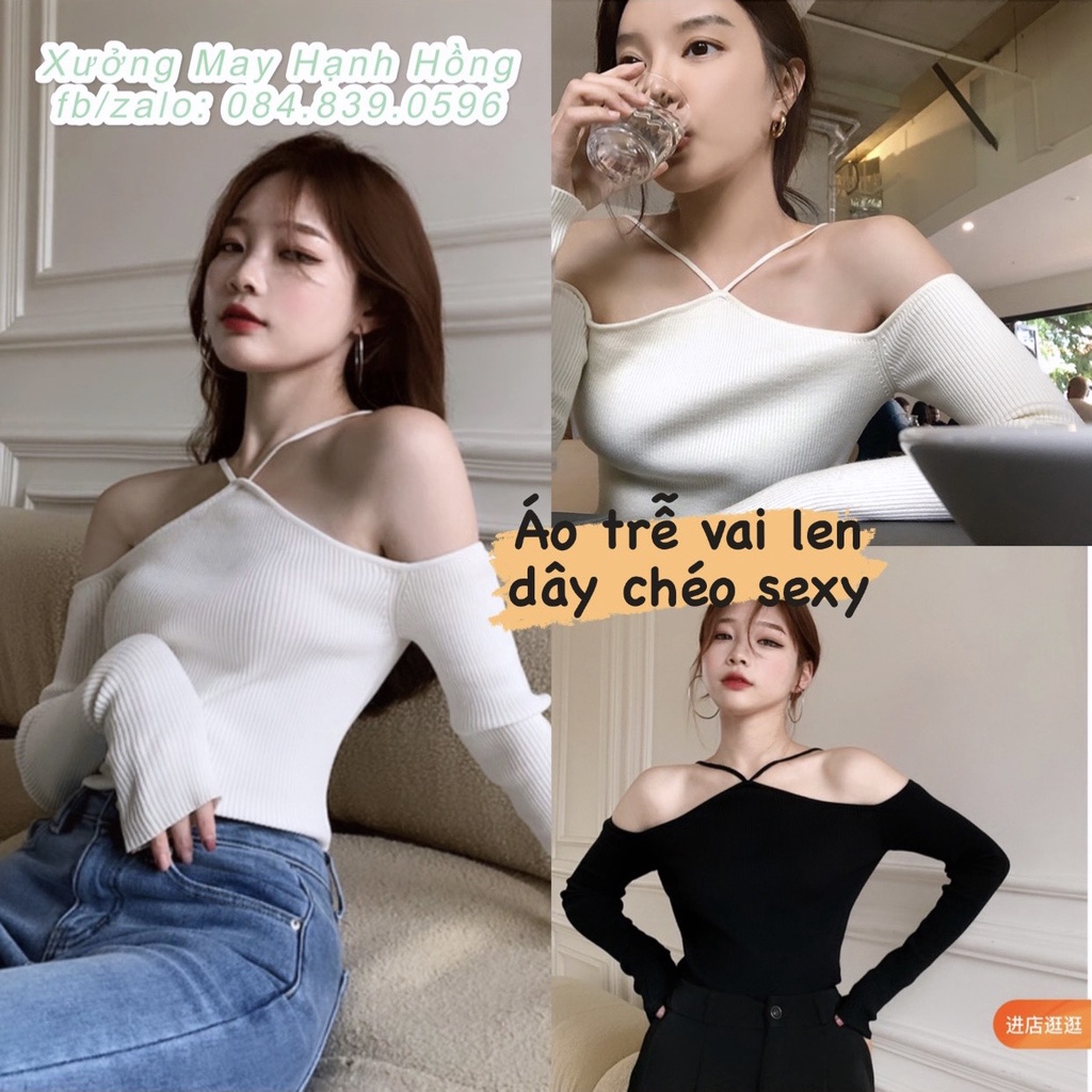 Áo croptop trễ vai sexy, Áo trễ vai len dây đan chéo mùa thu hàng Quảng Châu