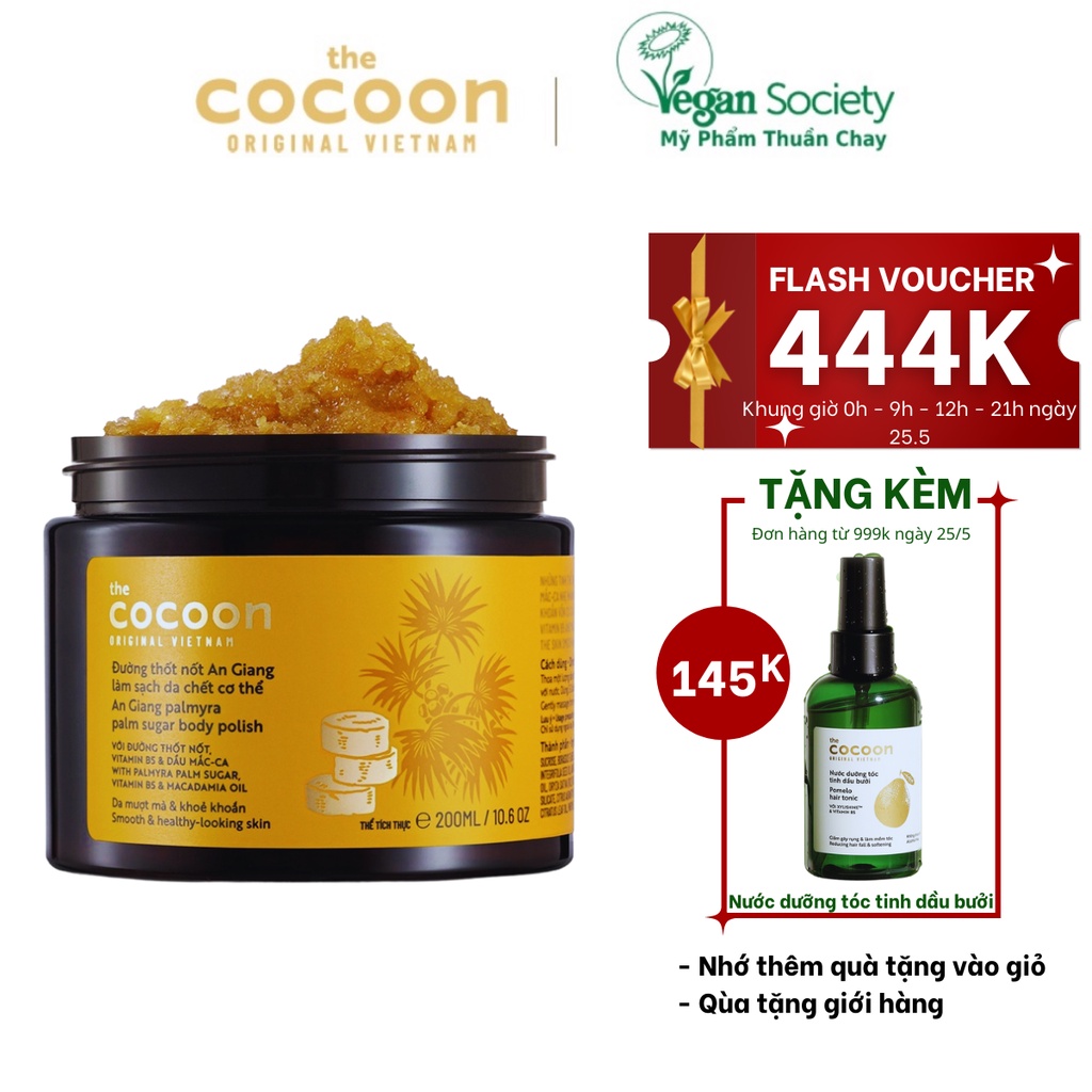 Tẩy da chết cơ thể đường Thốt Nốt An Giang Cocoon 200ml - Mỹ Phẩm Thuần Chay Việt Nam - Vegan Society