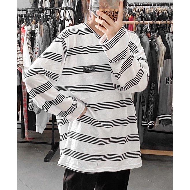 Áo kẻ ngang logo form rộng oversize