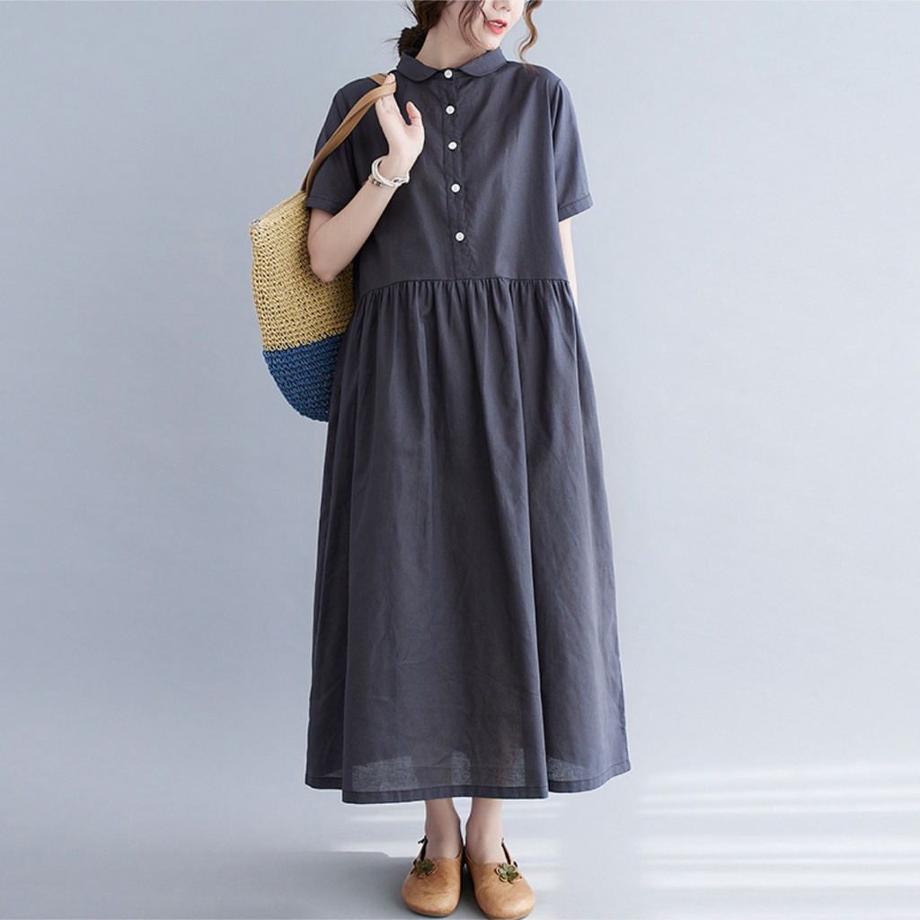 Đầm suông linen cổ sơ mi, Đầm maxi ngắn tay chất liệu linen mềm mát, thời trang phong cách trẻ D158
