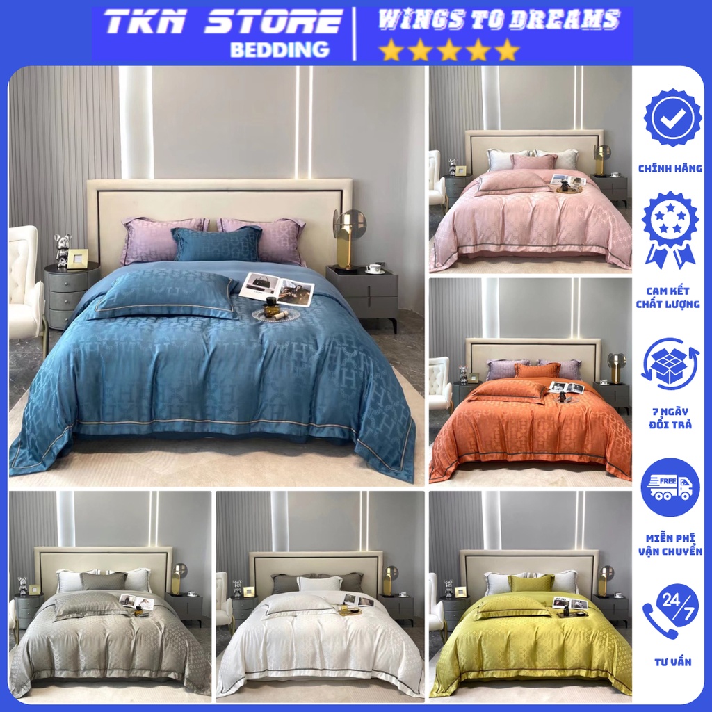 Bộ chăn ga gối lụa thương hiệu LUXURY BEDDING , ga giường vỏ gối lụa thương hiệu vân chìm chất liệu mềm mát không nhăn
