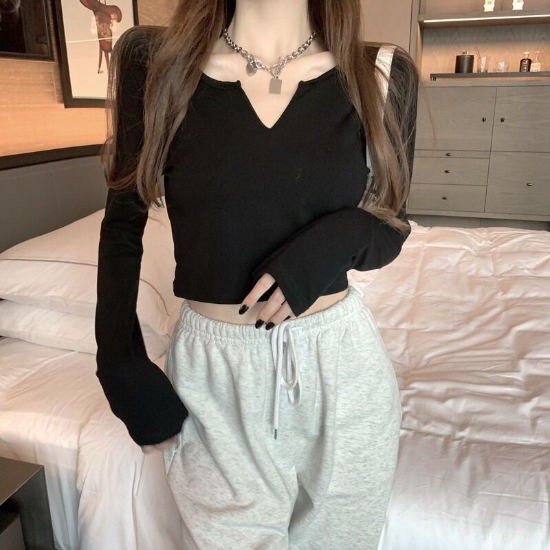 Áo CROPTOP tay dài nữ cổ v thun gân
