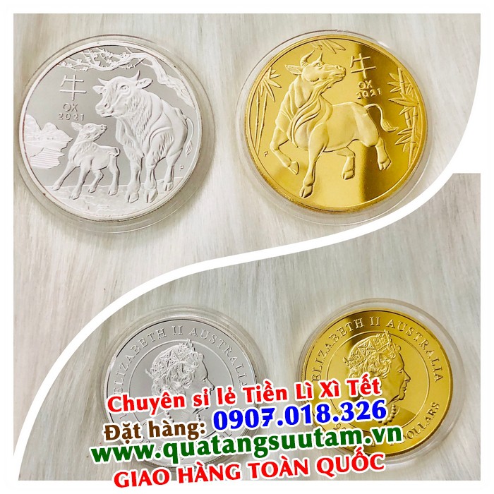 Cặp tiền xu hình con trâu Úc vàng bạc lì xì tết Tân Sửu 2021 - tặng kèm túi gấm đỏ chữ Phúc sang chảnh