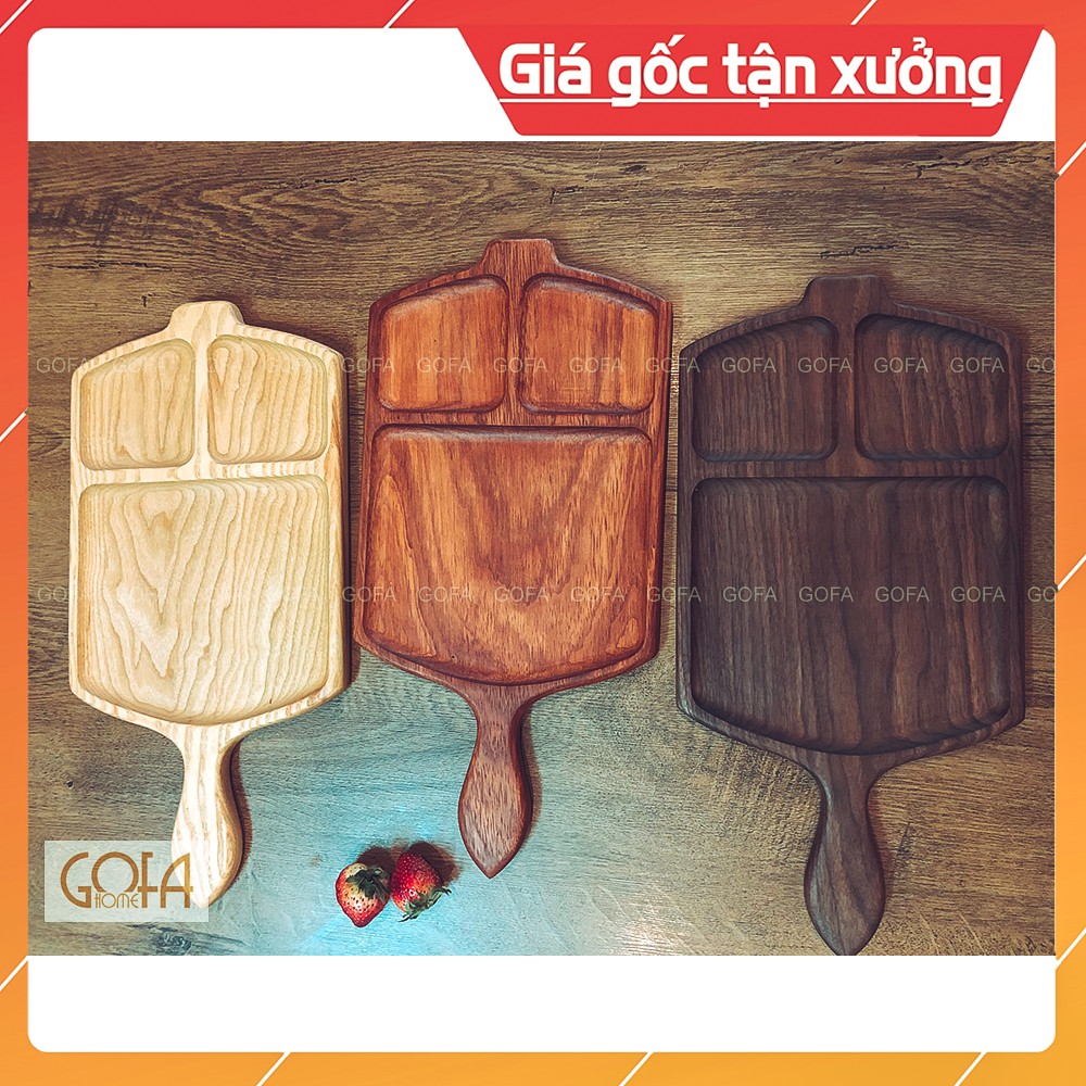 Khay gỗ tự nhiên GOFA chia ô có quai cầm, trang trí decor đồ ăn GK002