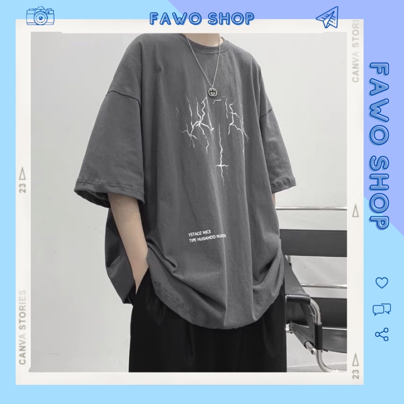 Áo thun Unisex form rộng tay lỡ, Áo phông nam nữ cotton thấm hút, dày dặn mềm mịn họa tiết THUNDER