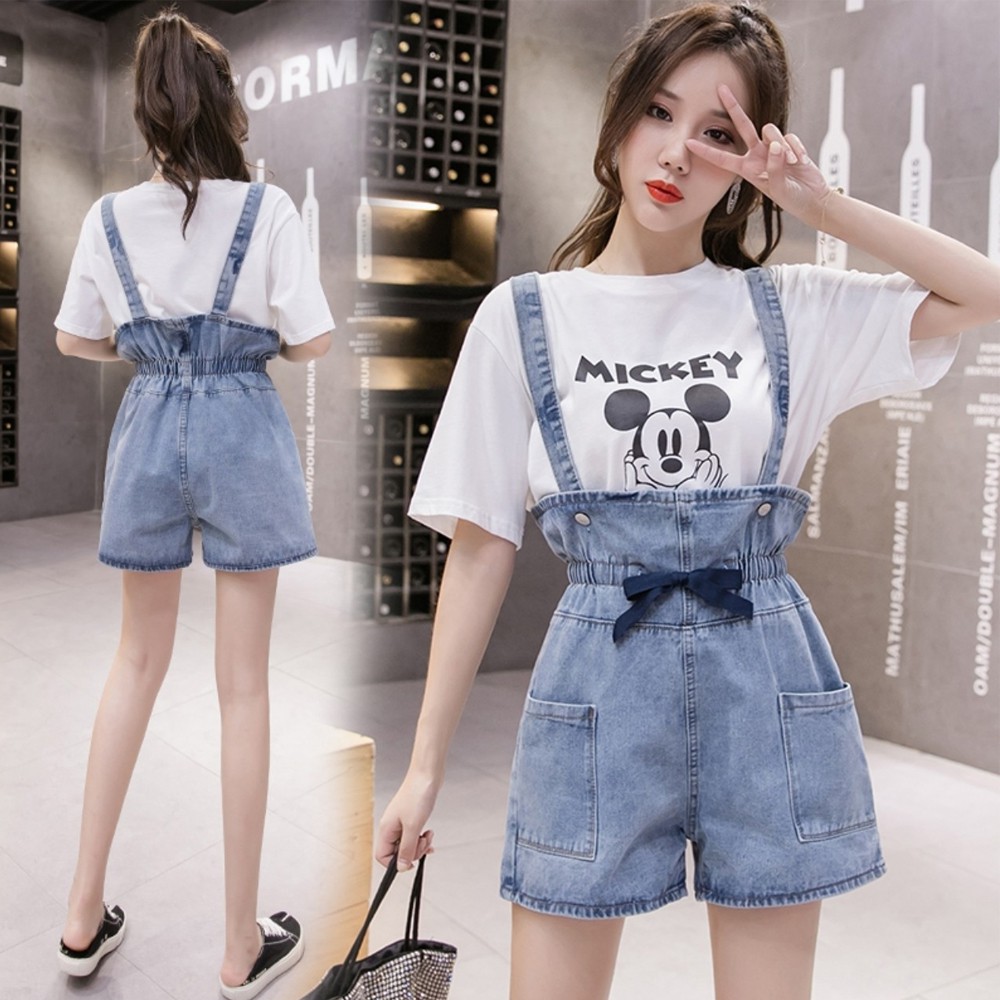 Quần shorts yếm jean SAIGONJEAN eo thun gắn nơ YJ017 - yếm bò ulzzang phong cách hàn quốc