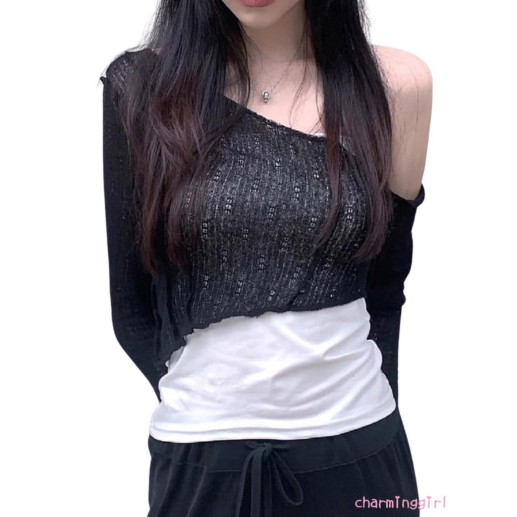 Áo Croptop Dệt Kim Tay Dài Một Bên Vai Màu Sắc Đơn Giản Dành Cho Nữ