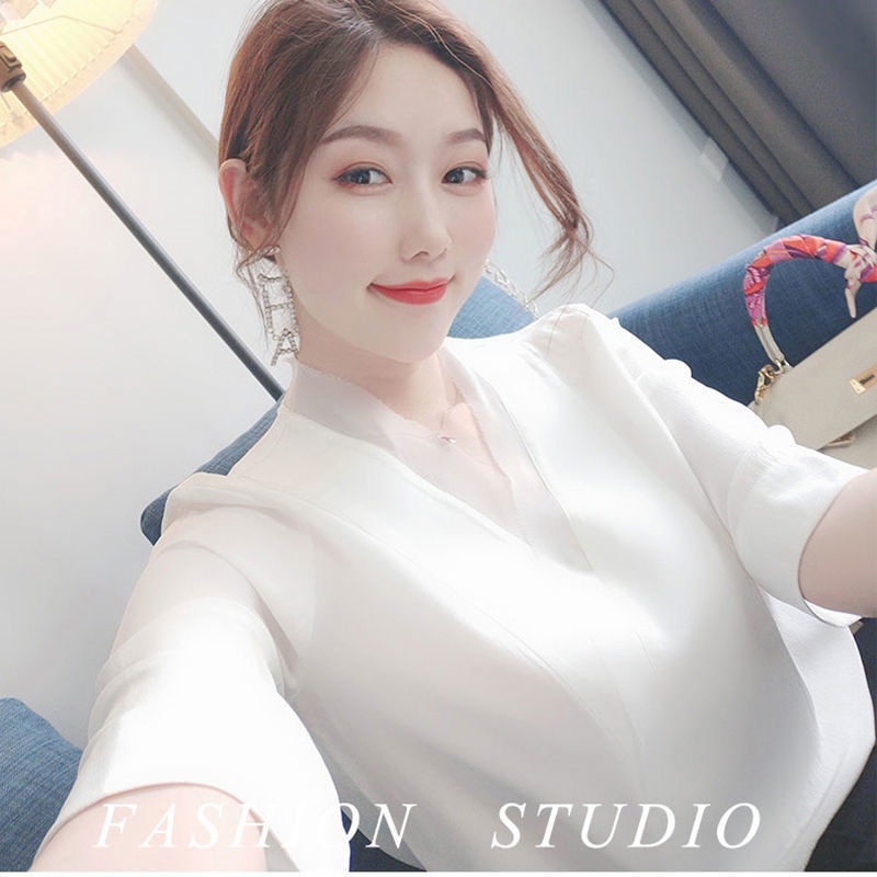 Áo Sơ Mi Chiffon Tay Lửng Cổ Chữ v Dáng Rộng Thời Trang Mùa Hè Cho Nữ K3AL