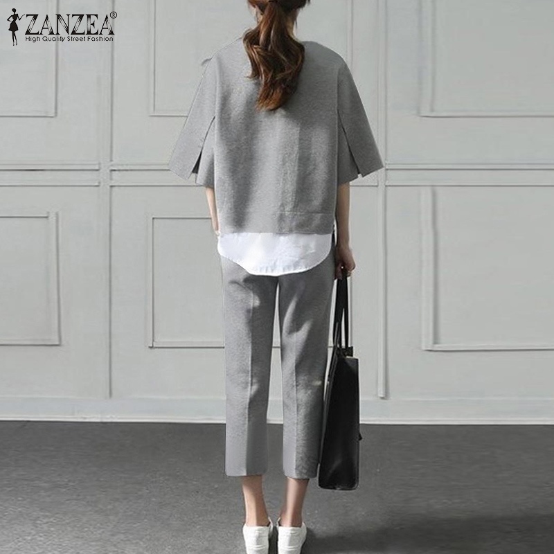 Set đồ 2 món ZANZEA gồm áo thun ngắn tay và quần dài lưng cao thời trang cho nữ