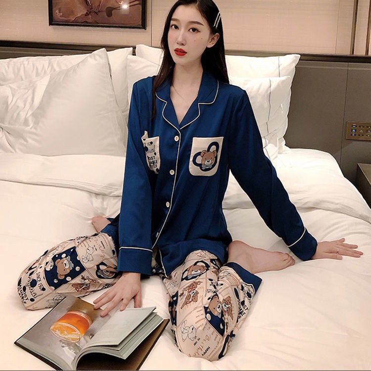 ✱₪♝Bộ đồ ngủ bằng lụa băng tuyết màu đỏ ròng mùa xuân và thu nữ hè dài tay Mickey Hàn Quốc dễ thương mặc nhà