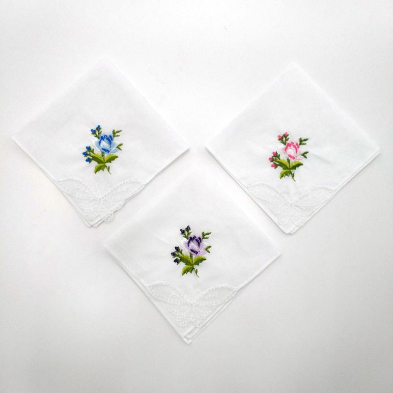 Set 3 khăn tay cotton hình vuông màu trắng thêu ren hoa cho nữ giao màu ngẫu nhiên