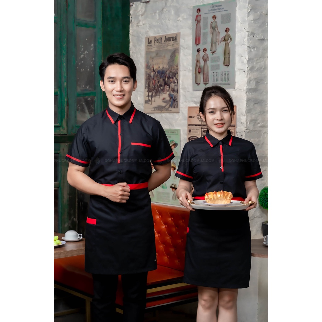 Tạp dề ngắn cho nhân viên phục vụ nhà hàng, quán cà phê - Màu đơn phối viền đỏ - Freesize, phù hợp với nam, nữ