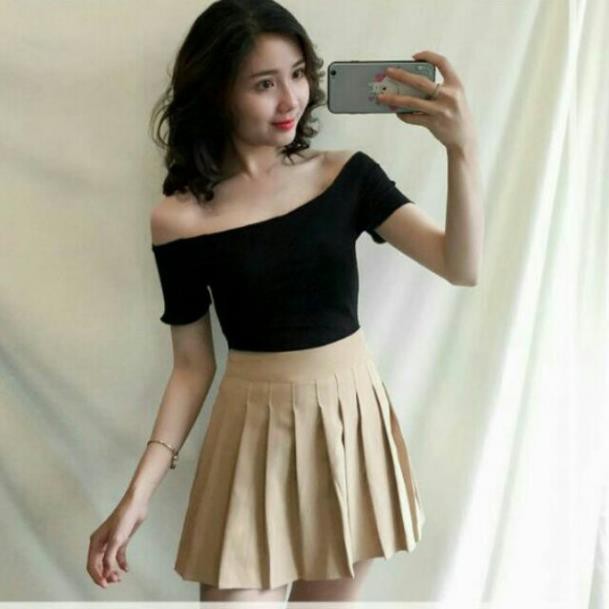 Áo Croptop Thun Gân Ôm Body Trễ Vai Bẹt Vai Tay Ngắn Cuốn Biên