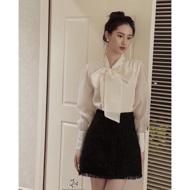 Áo sơ mi nơ cổ bèo Crotop , Áo Sơ Mi Dáng Ngắn Cách Điệu