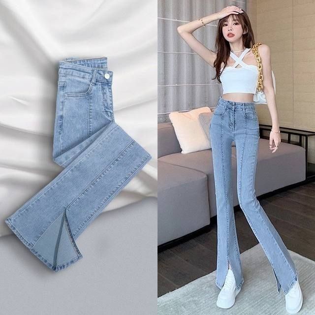 Quần Jean Dài Lưng Cao Ống Loe Xẻ Tà Thời Trang Cá Tính Cho Nữ