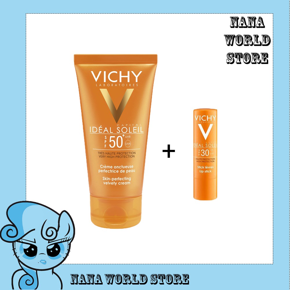 SET KEM CHỐNG NẮNG DƯỠNG DA CHO DA KHÔ, DA NHẠY CẢM SPF 50 PA+++ IDEAL SOLEIL + SON DƯỠNG CHỐNG NẮNG SPF 30+