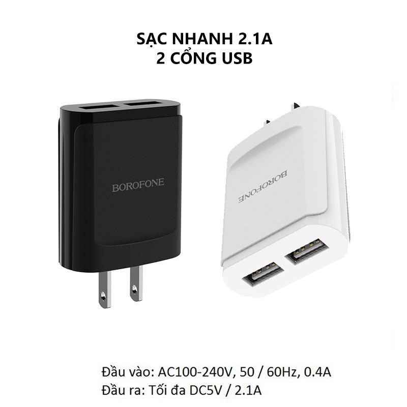 Cốc sạc củ sạc 2 cổng USB 2.1A dùng cho điện thoại máy tính bảng BOROFONE BA8