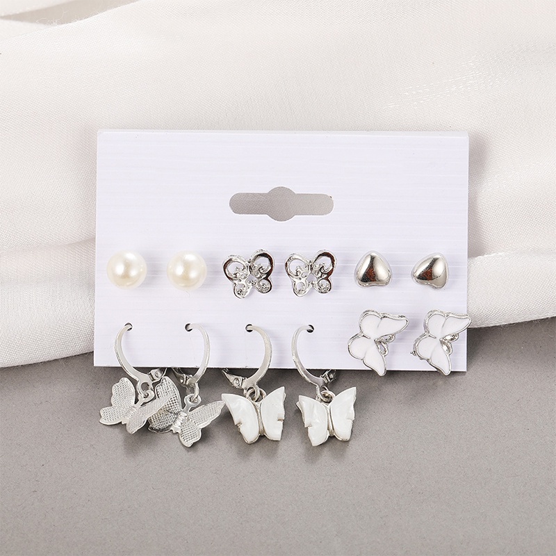 Set 6 Khuyên Tai Mạ Bạc Hình Bướm/Trái Tim/Ngọc Trai Nhiều Màu Sắc