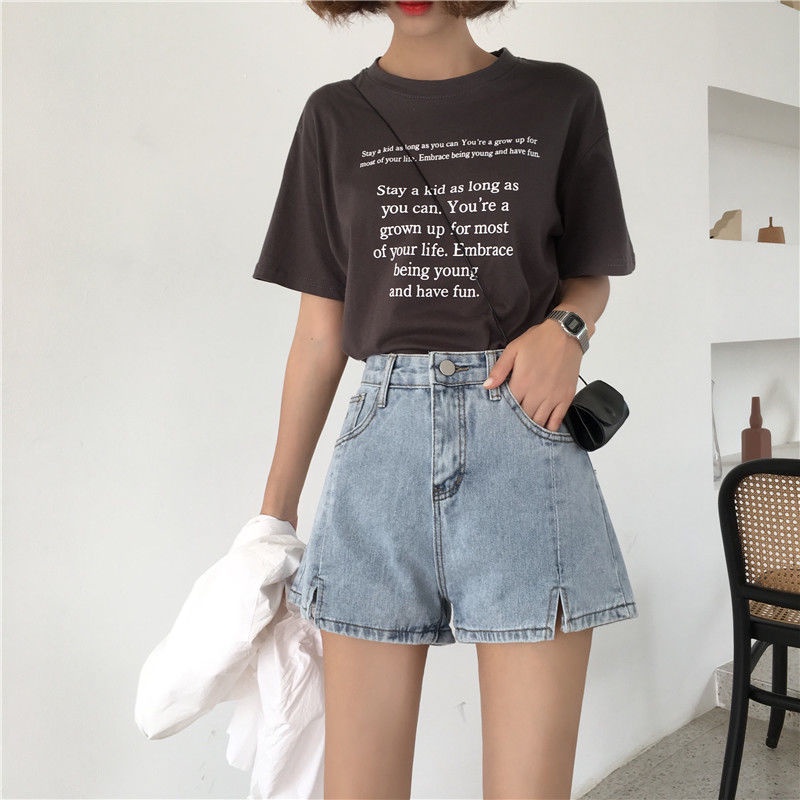 Quần Short Denim Lưng Cao Ống Rộng Màu Đen Thời Trang Mùa Hè Phong Cách Hàn Quốc Cho Nữ