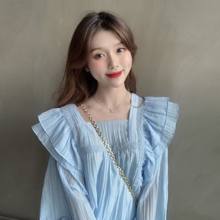 (HÀNG SẴN) Áo sơ mi nữ vải voan cổ vuông phối bèo vai búp bê điệu đà Hàn Quốc