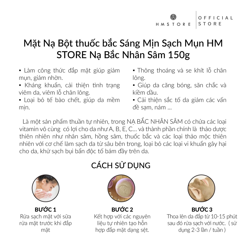 Mặt Nạ Bột Thiên Nhiên Giúp Sáng Mịn Sạch Mụn HM STORE - Nạ Bắc Nhân Sâm - 150g