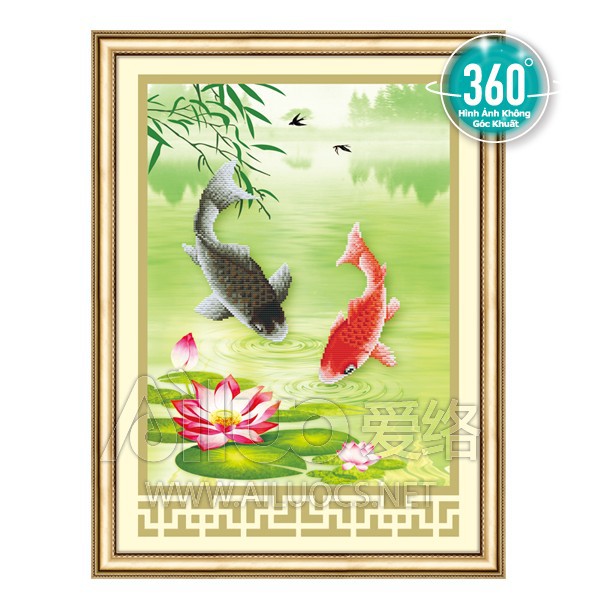 (ĐÃ ĐÍNH) Tranh đính đá thành phẩm SONG NGƯ 50x65cm