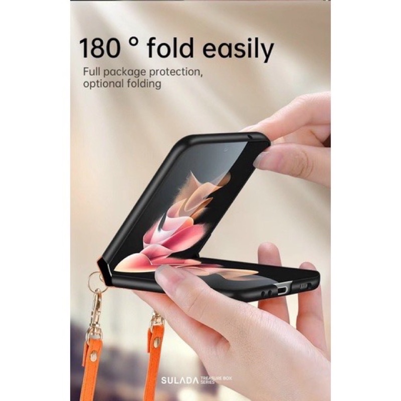 Ốp lưng Sulada da sần cho Samsung Z Flip 4, Z Flip 3 kèm dây đeo hàng đẹp cao cấp
