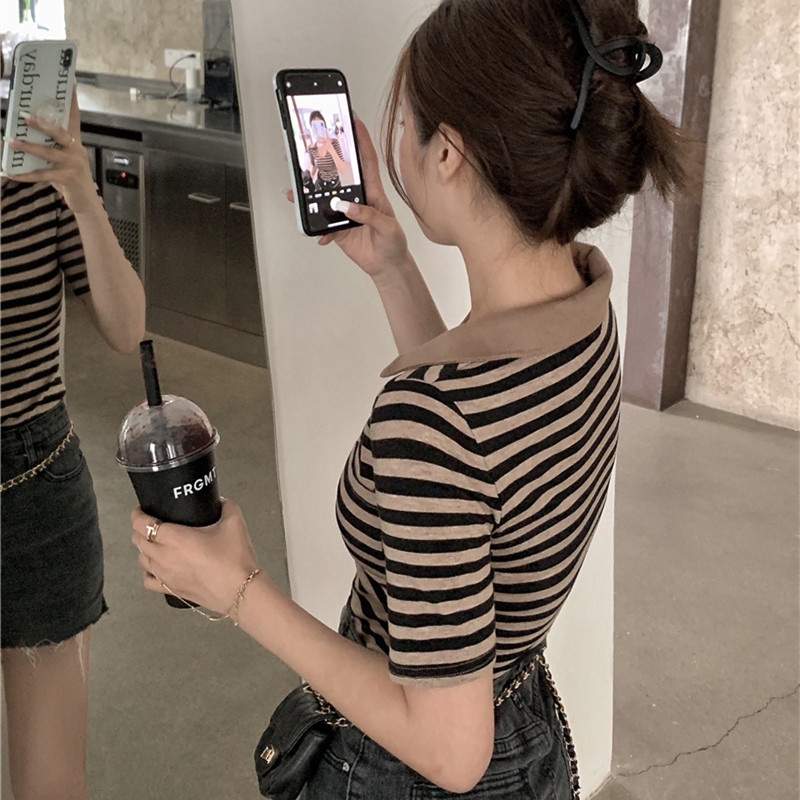 Áo Thun Tay Ngắn Cổ Chữ u Họa Tiết Kẻ Sọc Thời Trang Cho Nữ