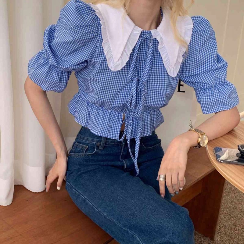 Áo sơ mi croptop tay ngắn cổ bèo kẻ sọc xanh phong cách Hàn Quốc