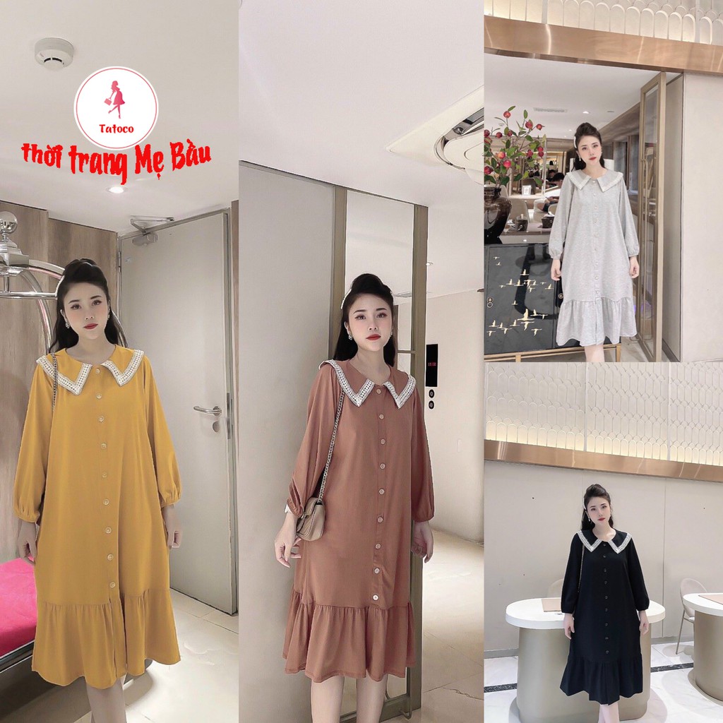 Váy bầu dài tay viền ren nhấn nút vền đuôi cá new 5 màu mùa thu ( hình thât ) mặc được trước sau sinh