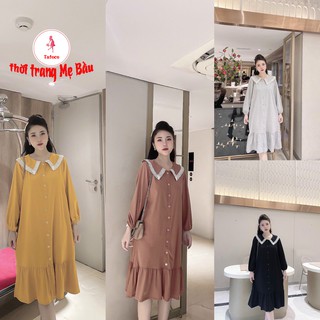 Váy bầu dài tay viền ren nhấn nút vền đuôi cá new 5 màu mùa thu ( hình thât ) mặc được trước sau sinh
