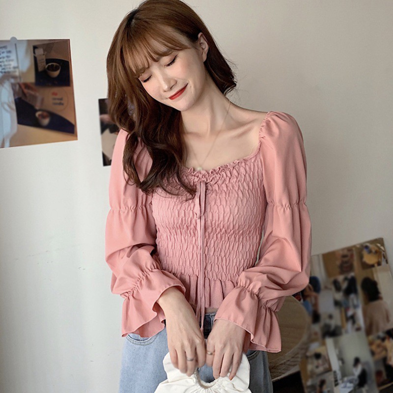 Áo kiểu tay dài cổ vuông kiểu dáng thời trang dành cho nữ