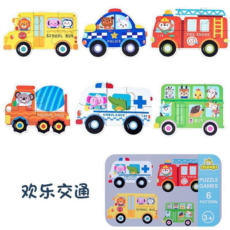 Bộ ghép hình 3-6 chi tiết/6hình hộp sắt gỗ Puzzle cao cấp