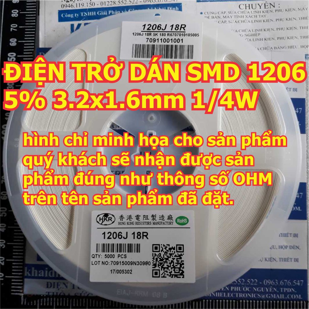 ĐIỆN TRỞ DÁN SMD 1206 5% 3.2x1.6mm 1/4W (gói 200 con) kde3812