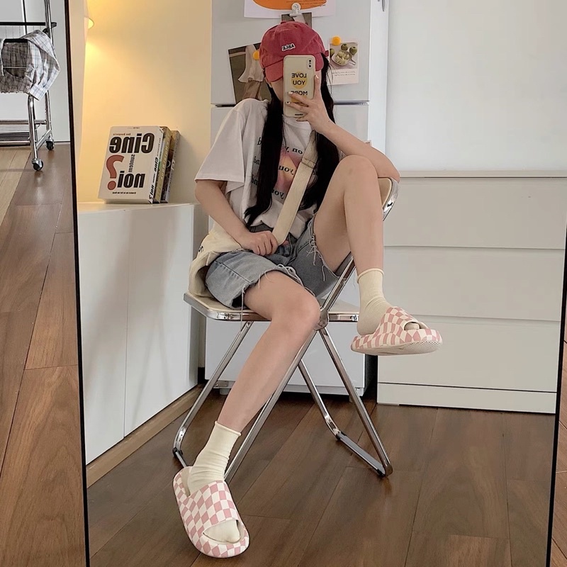 Dép bánh mì,dép quai ngang nam nữ kẻ caro màu hồng dễ thương loại 1 phong cách Ulzzang Mã 71