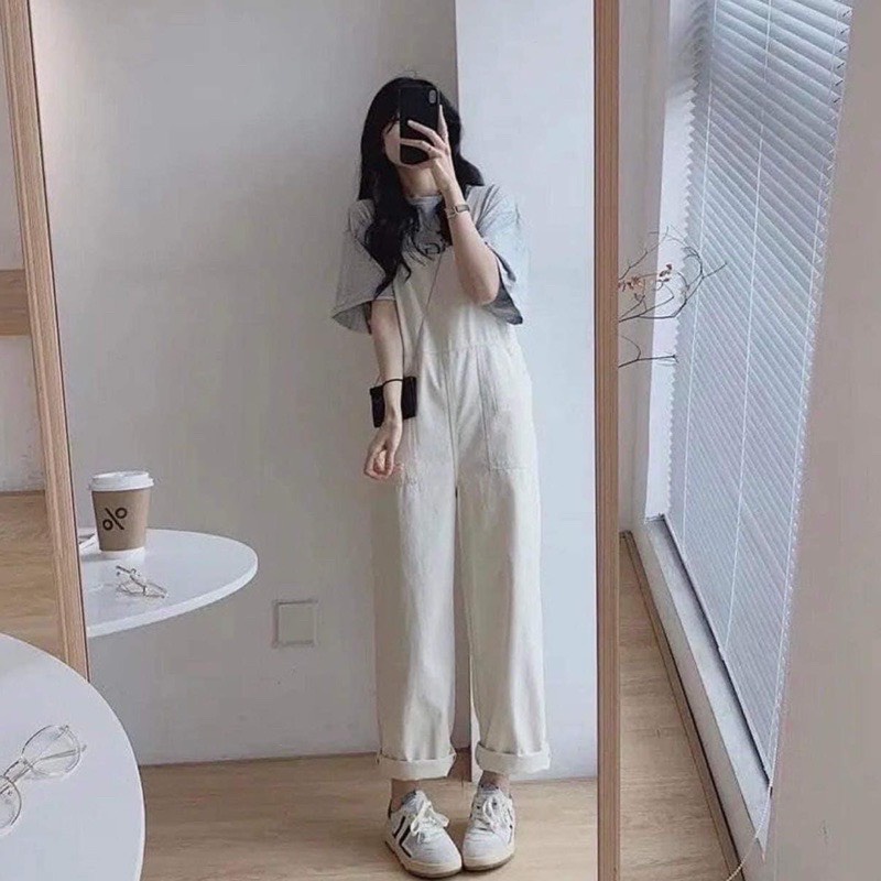 Quần Yếm Màu Be Hàn Quốc Ulzzang, Yếm Quần Suông