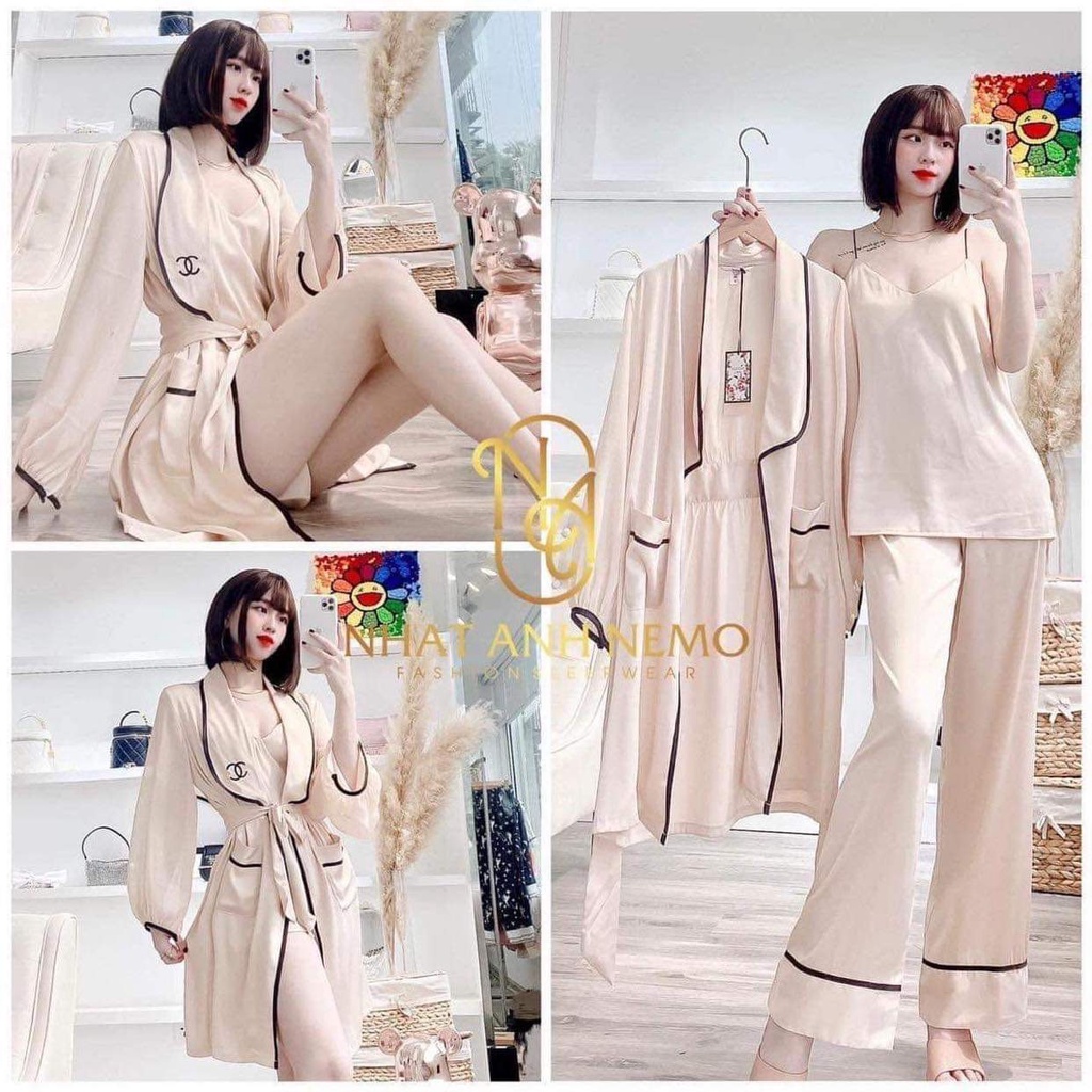 Bộ đồ ngủ Pijama cao cấp, đồ mặc nhà đẹp, chất liệu latin lụa mềm mịn