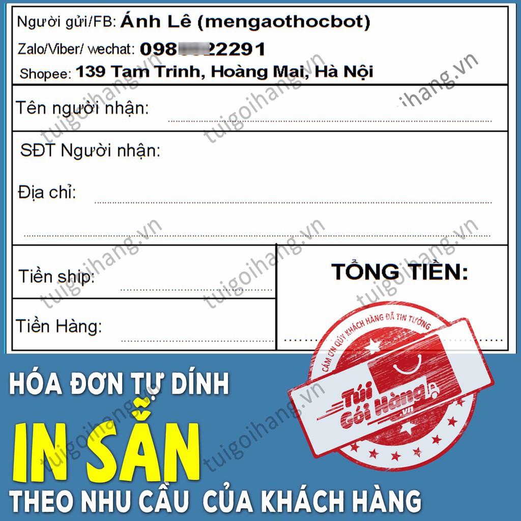 Hóa Đơn In Sẵn TUIGOIHANG Khổ 70x105 mm Cuộn 500 Tem Thiết Kế Riêng Theo Shop