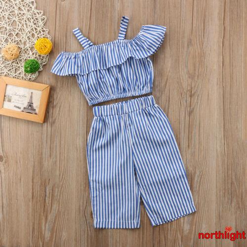 Bộ áo croptop hở vai phối bèo + quần dài lưng thun sọc dọc giản dị dành cho các bé gái