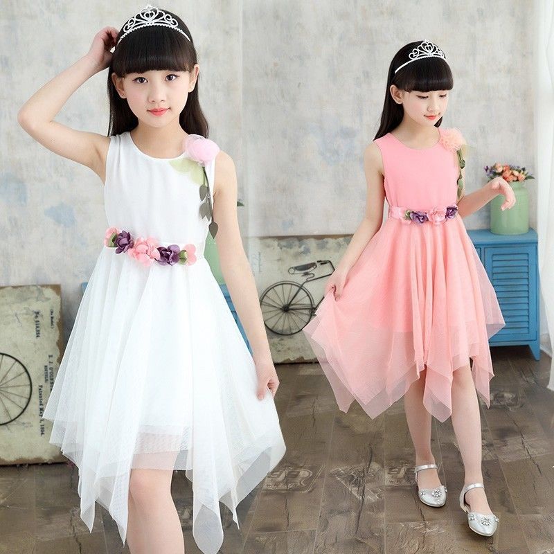 Đầm Voan Xòe Không Tay Lưng Cao Họa Tiết Hoa Xinh Xắn Dành Cho Bé Gái 5-15 Tuổi