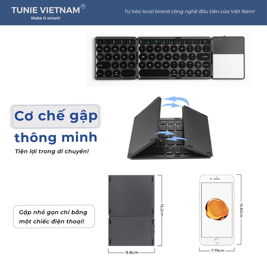 Bàn phím Bluetooth có thể gập gọn kèm Touchpad dùng cho điện thoại, máy tính bảng, laptop