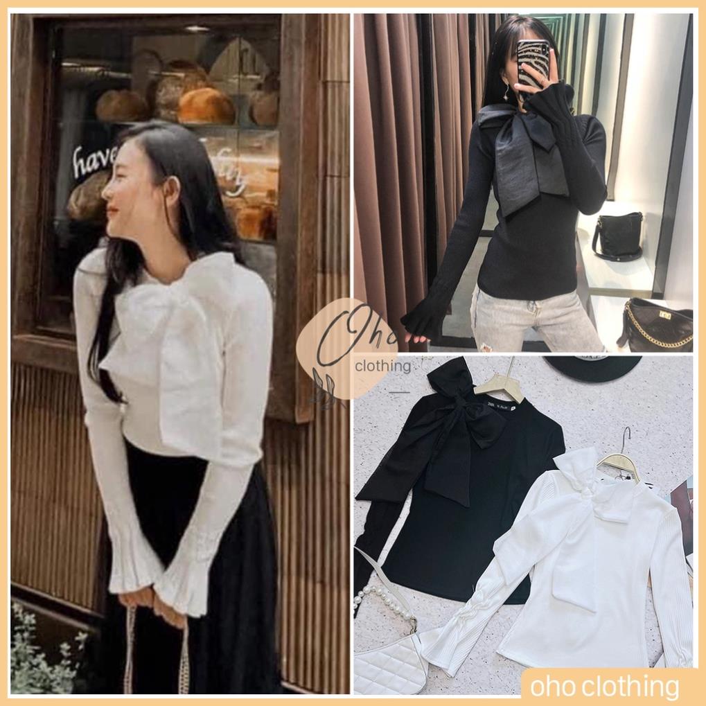 Áo Len Tăm Dài Tay Nơ Cổ Thu Đông, Áo Thun Nữ Dáng Ôm Co Giãn Tiểu Thư OHO CLOTHING New
