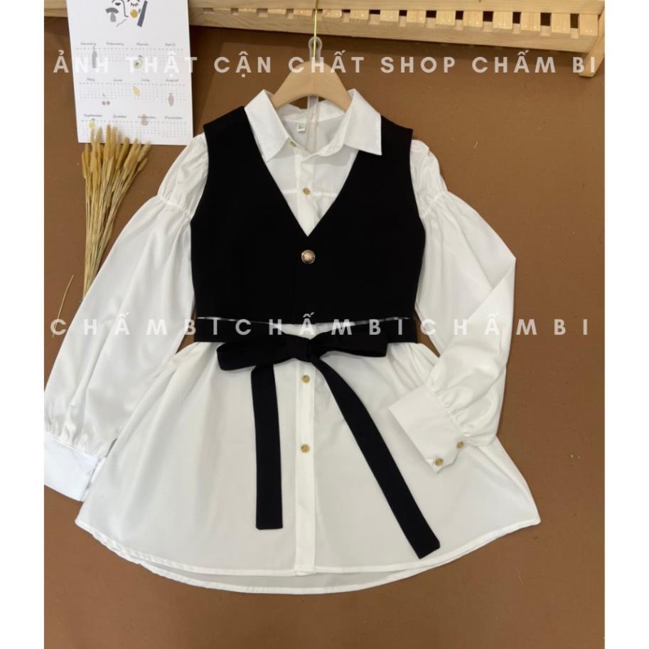 Set sơ mi nữ đẹp A.252, Set áo sơ mi trắng kiểu oversize và áo gile đen buộc nơ eo mặc được hai kiểu cực xinh