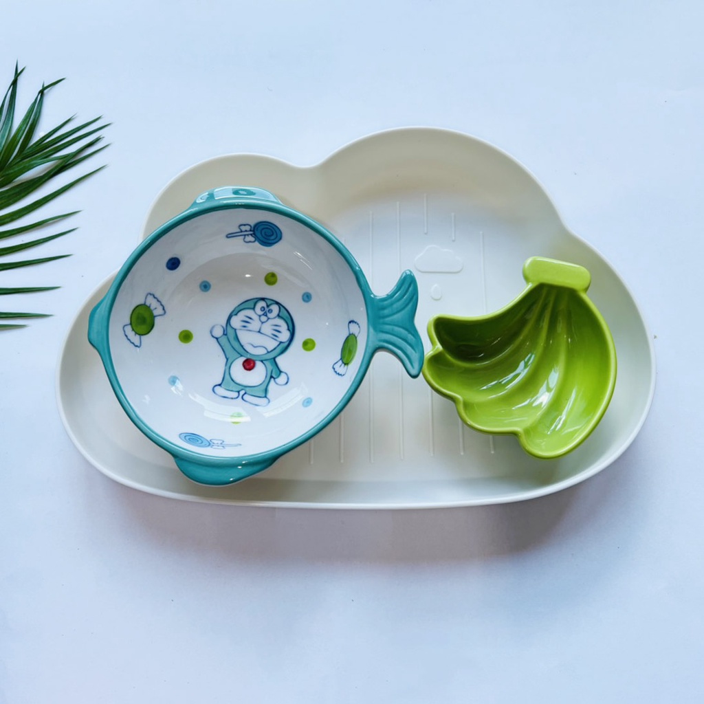 Combo Set Bát Sứ Ăn Dặm Đoremon Cho Bé Đủ Màu Ngộ Nghĩnh Gồm Khay 2 Bát Ăn Sứ Size To